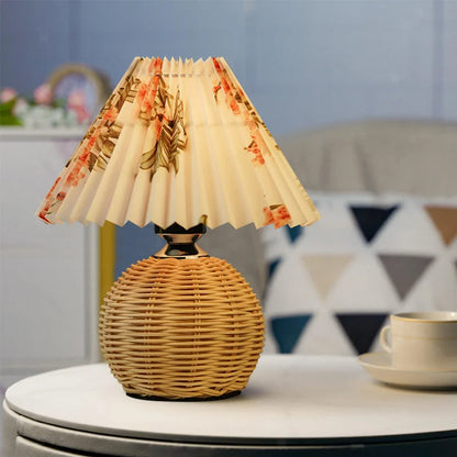 Pleated Round Rattan Table Lamp