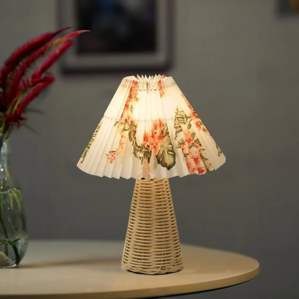 Vintage Rattan & Fabric Table Lamp