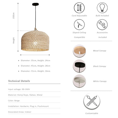 Domed Hemp Rope & Rattan Pendant Lamp