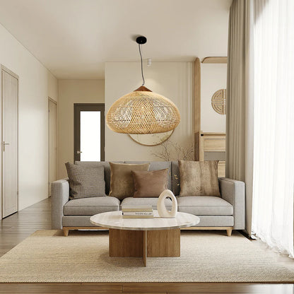 Round Wooden & Rattan Hanging Light