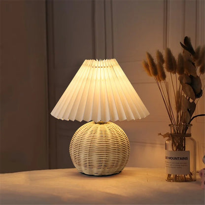 Pleated Round Rattan Table Lamp