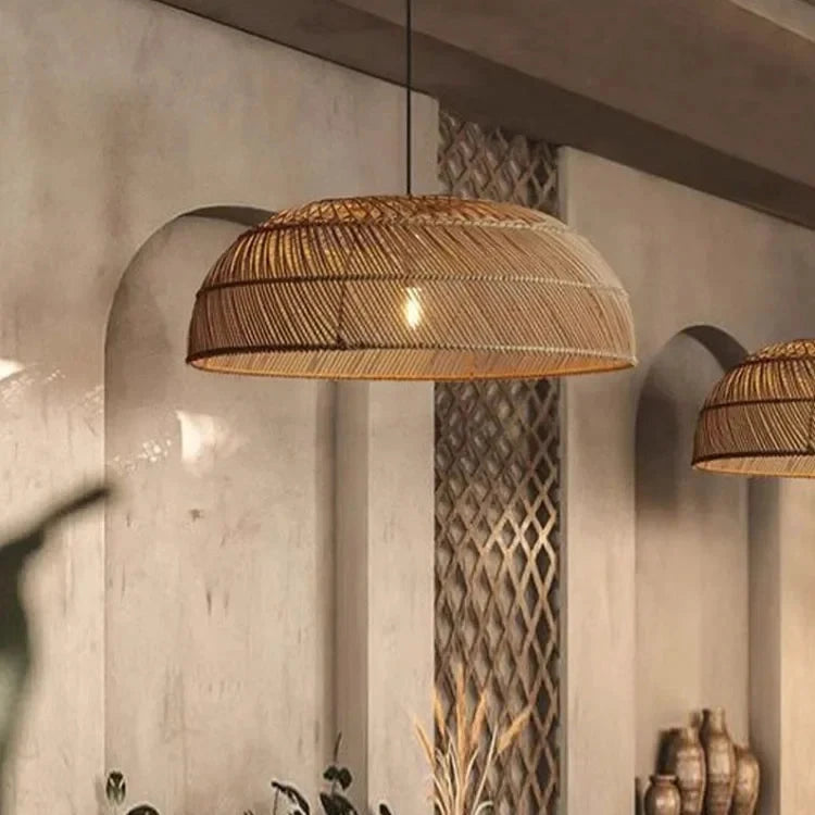 rattan lampshade lighting over kitchen island